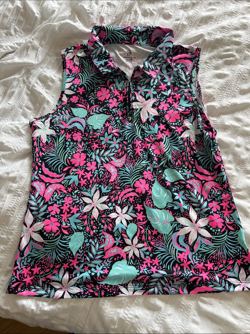 Sleeveless Floral Zip Polo Tank Top - Pink & Teal